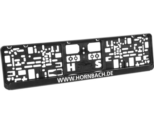 Schwarzer Kennzeichenhalter aus Kunststoff mit verschiedenen Montagelöchern und dem Schriftzug WWW.HORNBACH.DE.