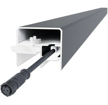 Schnittansicht eines anthrazitfarbenen Aluminiumprofils mit integriertem Anschlusskabel und Rundsteckverbinder.