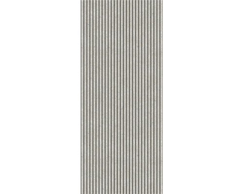 Akustikpaneel mit vertikalen Lamellen und Steinoptik.