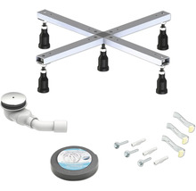 Duschwannen-Montageset bestehend aus höhenverstellbarem Metallgestell, Ablaufgarnitur mit Siphon, Dichtband und Befestigungsmaterial.
