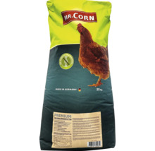 25 Kilogramm Sack MR. CORN Premium Geflügelkörnerfutter mit Abbildung eines Huhns und Ohne Gentechnik Siegel.