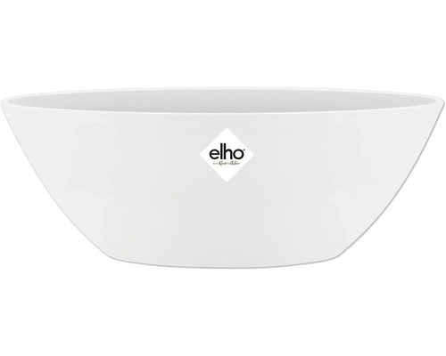 Weiße, runde Pflanzschale aus Kunststoff mit elho Logo.