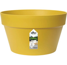 Gelber runder Pflanztopf von elho aus Kunststoff mit Bewässerungssystem und aus recyceltem Material.