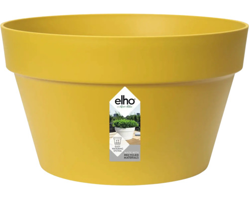 Gelber runder Pflanztopf von elho aus Kunststoff mit Bewässerungssystem und aus recyceltem Material.