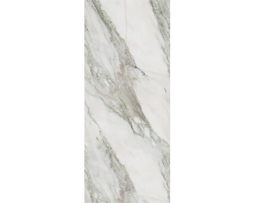 Feinsteinzeugfliese in Marmoroptik mit grauen und beigen Maserungen.