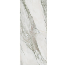 Feinsteinzeugfliese in Marmoroptik mit grauer Maserung für Wand und Boden.