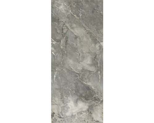 Feinsteinzeugfliese in grauer Marmoroptik mit weißer Maserung.