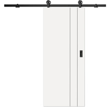 Weiße Schiebetür mit schwarzem Schienensystem, sichtbaren Rollen und Griffmulde, versehen mit vertikalen Linienfräsungen.