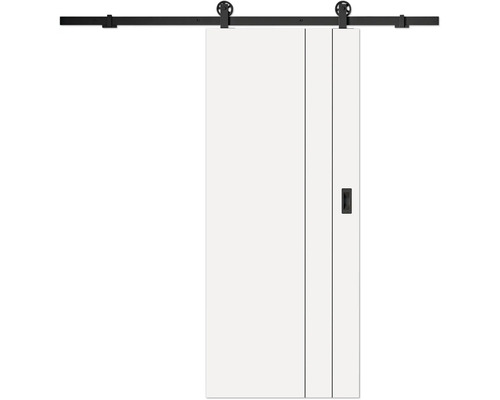 Weiße Schiebetür mit schwarzem Schienensystem, sichtbaren Rollen und Griffmulde, versehen mit vertikalen Linienfräsungen.