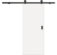 Weiße Schiebetür mit schwarzem Schienensystem und Muschelgriff.