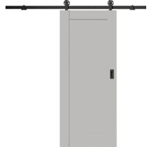 Hellgraue Schiebetür im Scheunentor-Stil mit schwarzem Metall-Schienensystem und Einlassgriff.