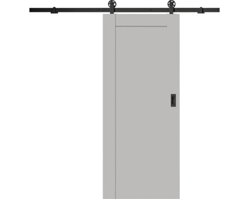 Hellgraue Schiebetür im Scheunentor-Stil mit schwarzem Metall-Schienensystem und Einlassgriff.