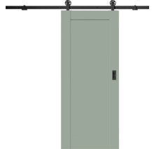Grüne Schiebetür mit schwarzem Laufschienensystem und Griffmuschel.