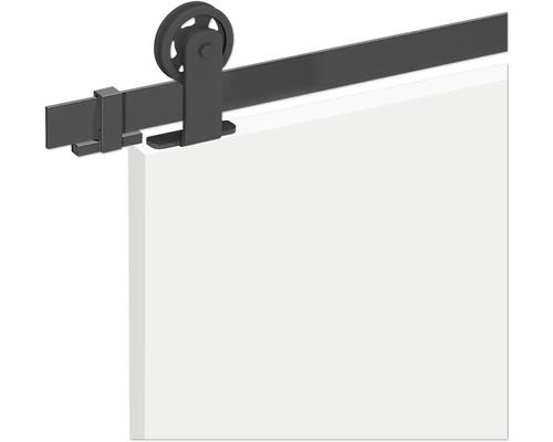 Schiebetürbeschlag Set mit Laufschiene und Speichenrad in Schwarz