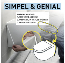 Anleitung zur Montage eines Dichtbands an einer Wandtoilette in drei Schritten: Klebeband abziehen, in die Fuge drücken, abdichten und fertig.