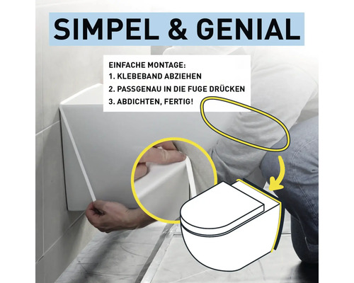 Anleitung zur Montage eines Dichtbands an einer Wandtoilette in drei Schritten: Klebeband abziehen, in die Fuge drücken, abdichten und fertig.