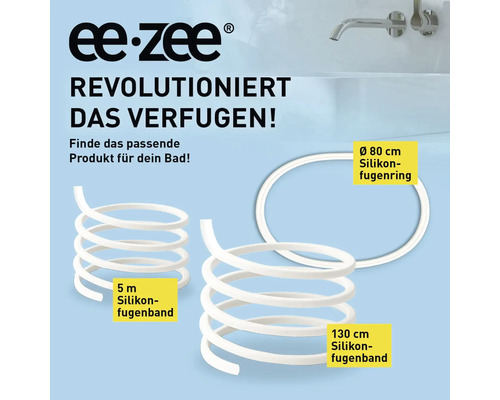 ee.zee Logo. Silikonfugenbänder in 5 Meter und 130 Zentimeter Länge sowie ein Silikonfugenring mit Durchmesser 80 Zentimeter.