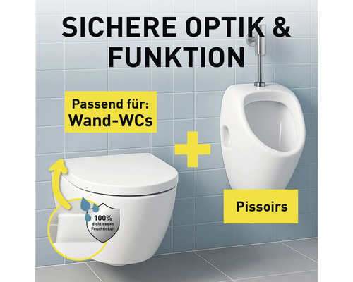 Helles Badezimmer mit Wandtoilette und Urinal aus weißer Keramik. Geeignet für Wandtoiletten und Pissoirs. Hundert Prozent feuchtigkeitsdicht.