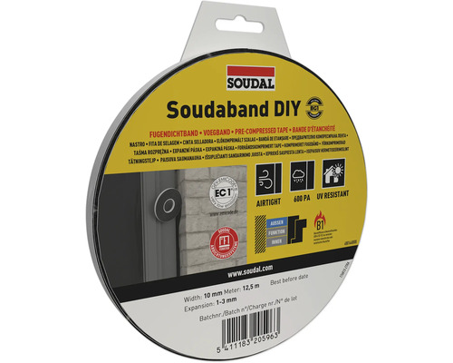 Soudal Soudaband DIY Fugendichtband, schwarz, 10 Millimeter breit, 12,5 Meter lang, Expansion 1 bis 3 Millimeter, luftdicht und UV-beständig.