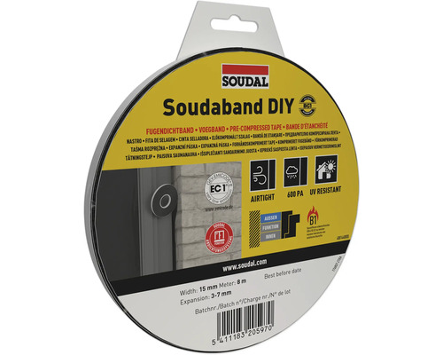 Soudal Soudaband DIY Fugendichtband, 15 Millimeter breit, 8 Meter lang, vorkomprimiert, luftdicht, UV-beständig, Expansion 3 bis 7 Millimeter.