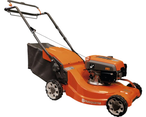 Husqvarna Benzin-Rasenmäher mit orangefarbenem Gehäuse, schwarzem Fangkorb und verstellbarem Holm.