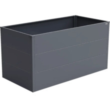 Rechteckiges Hochbeet aus Metall in Anthrazit mit horizontalen Paneelen.