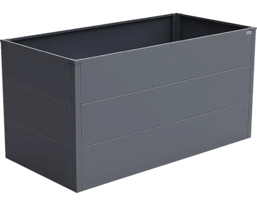 Rechteckiges Hochbeet aus Metall in Anthrazit mit horizontalen Paneelen.