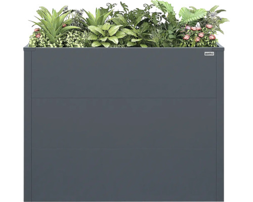 Weka Hochbeet aus Metall in Anthrazit, bepflanzt mit verschiedenen Grünpflanzen und rosa Blüten.