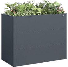 Hochbeet aus Metall in Anthrazit, bepflanzt mit verschiedenen Grünpflanzen und Blumen, Weka Logo.