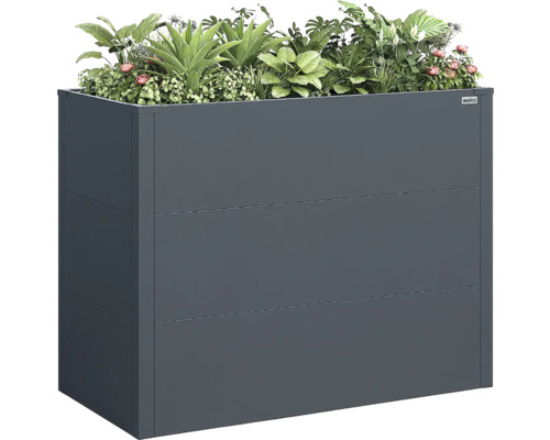 Hochbeet aus Metall in Anthrazit, bepflanzt mit verschiedenen Grünpflanzen und Blumen, Weka Logo.