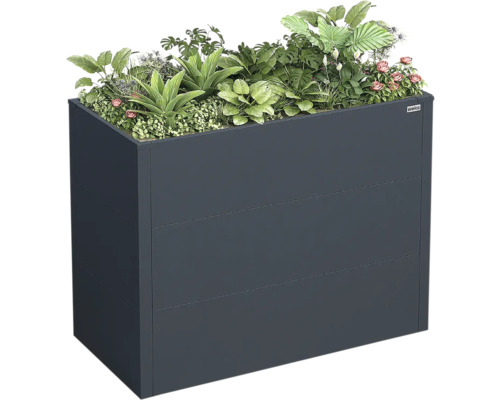 Anthrazitfarbenes Hochbeet aus Metall, bepflanzt mit verschiedenen grünen Pflanzen und Blumen, Weka Logo.