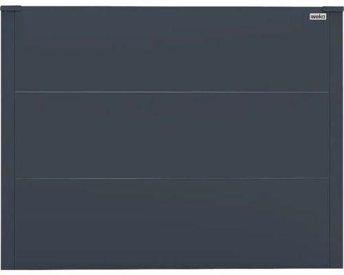 Anthrazitfarbenes Weka Wandelement für Gartenhäuser mit drei horizontalen Paneelen, Weka Logo.
