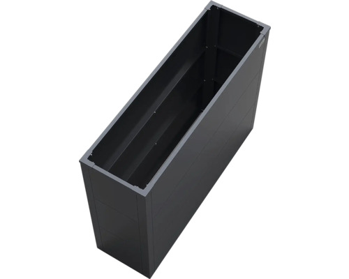 Hoher, rechteckiger Pflanzkasten aus Metall in Anthrazit für Garten und Terrasse.