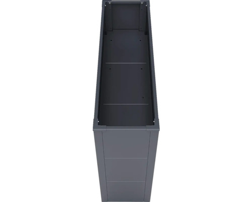 Draufsicht in ein hohes, schmales Hochbeet aus anthrazitfarbenem Metall für Garten oder Balkon.