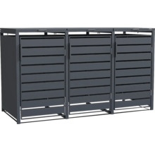Dreifach-Mülltonnenbox aus Metall in Anthrazit mit horizontalen Lamellen und drei Türen.