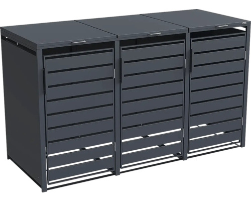 Mülltonnenbox für 3 Tonnen aus Metall in Anthrazit mit Lamellenfront und Klappdeckeln.