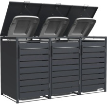 Mülltonnenbox aus Metall für drei Mülltonnen in Anthrazit mit Klappdeckel und Lamellentüren.