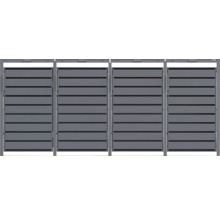 Vierteilige Mülltonnenbox aus Metall mit horizontalen Lamellen in Anthrazit.