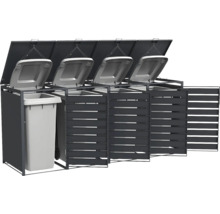 Mülltonnenbox für 4 Mülltonnen aus anthrazitfarbenem Metall mit waagerechten Lamellen und aufklappbaren Deckeln.