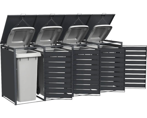 Mülltonnenbox für 4 Mülltonnen aus anthrazitfarbenem Metall mit waagerechten Lamellen und aufklappbaren Deckeln.