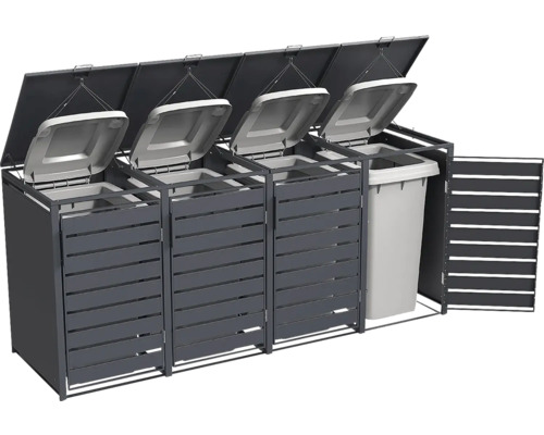 Mülltonnenbox aus Metall in Anthrazit für vier Mülltonnen mit Klappdeckeln und Lamellentüren.