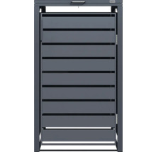 Anthrazitfarbene Mülltonnenbox von Weka aus Metall mit horizontalen Lamellen, Deckel mit Griff und Fronttür.
