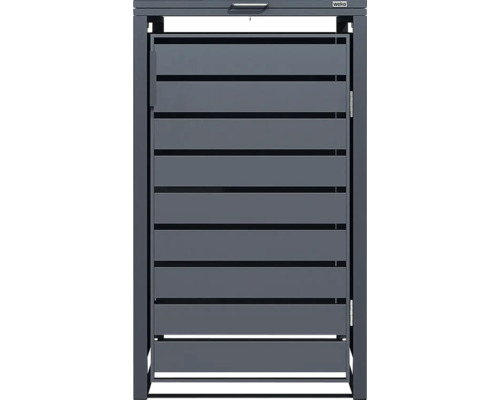 Anthrazitfarbene Mülltonnenbox von Weka aus Metall mit horizontalen Lamellen, Deckel mit Griff und Fronttür.