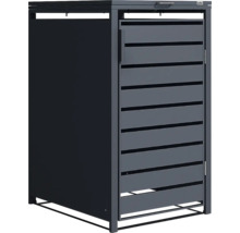 Anthrazitfarbene Mülltonnenbox aus Metall von Weka mit Lamellentür und Klappdeckel.