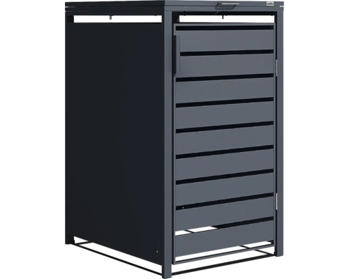 Anthrazitfarbene Mülltonnenbox aus Metall von Weka mit Lamellentür und Klappdeckel.