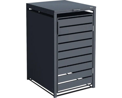 weka Mülltonnenbox aus Holz mit Klappdeckel und Fronttür in Lattenoptik.