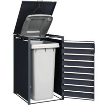 Anthrazitfarbene Mülltonnenbox aus Metall für eine Tonne mit geöffneter Lamellentür und Klappdeckel.