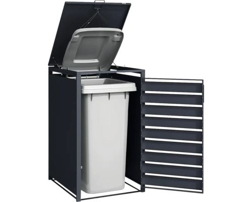 Anthrazitfarbene Mülltonnenbox aus Metall für eine Tonne mit geöffneter Lamellentür und Klappdeckel.