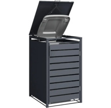 Mülltonnenbox aus Metall in Anthrazit mit Lamellenfront und geöffnetem Deckel inklusive Deckellift für die Mülltonne.