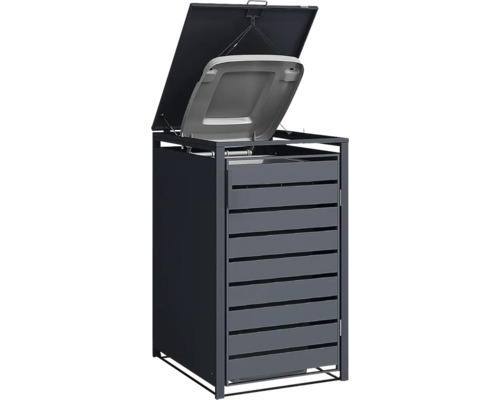 Mülltonnenbox aus Metall in Anthrazit mit Lamellenfront und geöffnetem Deckel inklusive Deckellift für die Mülltonne.